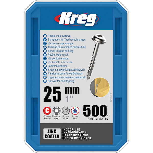 KREG® SML-C1-500-INT Zinc Pocket-Hole Screws - 25mm/1.00", #8 Coarse-Thread, Maxi-Loc, 500-count