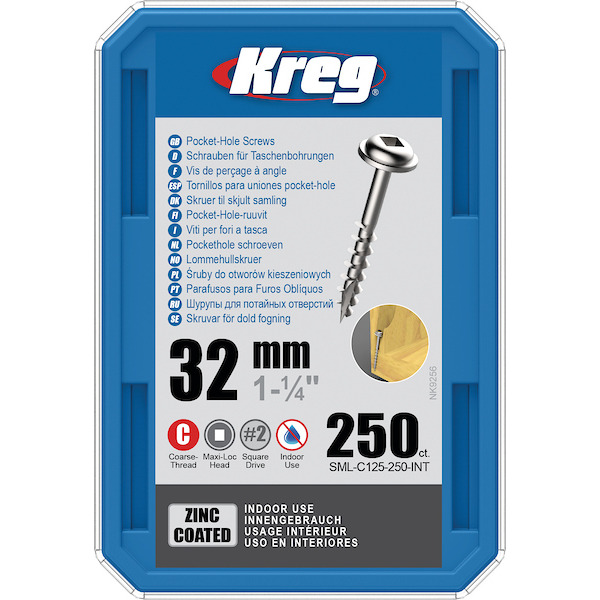 KREG® SML-C125-250-INT Zinc Pocket-Hole Screws - 32mm/1.25", #8 Coarse- Thread, Maxi-Loc, 250PCS