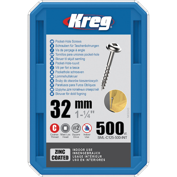KREG® SML-C125-500-INT Zinc Pocket-Hole Screws - 32mm/1.25", #8 Coarse-Thread, Maxi-Loc, 500-count