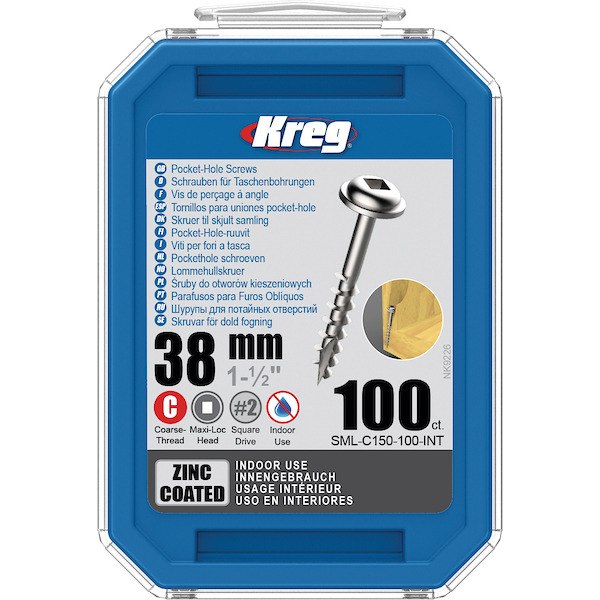 KREG® SML-C150-100-INT Zinc Pocket-Hole Screws - 38mm/1.50", #8 Coarse- Thread, Maxi-Loc, 100PCS