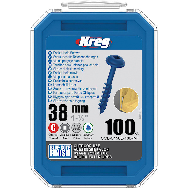 KREG® SML-C150B-100-INT Blue-Kote Pocket-Hole Screws - 38mm/1.50", #8 Coarse-Thread, Maxi-Loc, 100PCS
