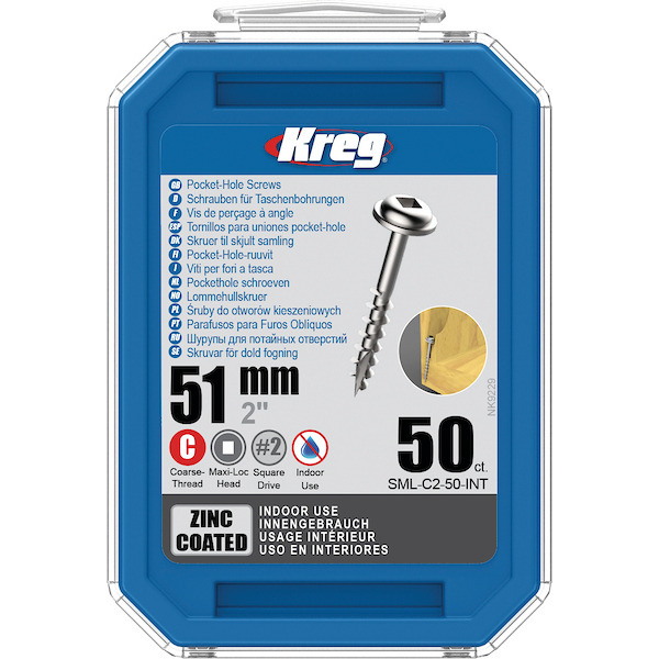 KREG® SML-C2-50-INT Zinc Pocket-Hole Screws - 51mm/2", #8 Coarse- Thread, Maxi-Loc, 50PCS