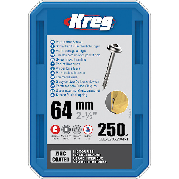 KREG® SML-C250-250-INT Zinc Pocket-Hole Screws - 64mm/2.50", #8 Coarse-Thread, Maxi-Loc, 250-count