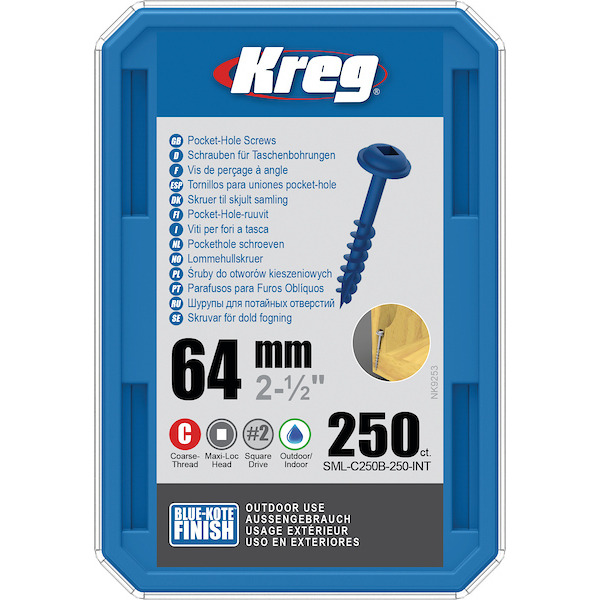 KREG® SML-C250B-250-INT Blue-Kote™ Pocket-Hole Screws - 64mm/2.50", #8 Coarse-Thread, Maxi-Loc™, 250-count