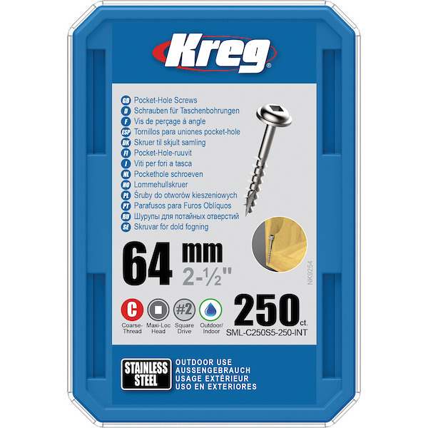 KREG® SML-C250S5-250-INT Kreg Pocket-Hole Screws 64 mm, Stainless Steel, Maxi-Loc,Coarse Thread, 250 piece