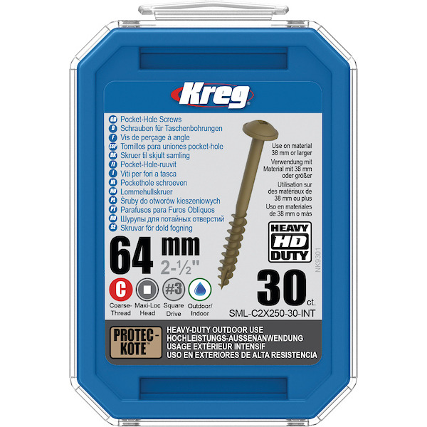 KREG® SML-C2X250-30-INT HD Protec-Kote Pocket-Hole Screws - 64mm/2.50", #14 Coarse-Thread, Maxi-Loc, 30-count
