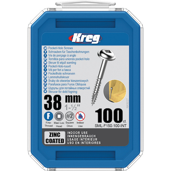 KREG® SML-F150-100-INT Zinc Pocket-Hole Screws - 38mm/1.50", #7 Fine-Thread, Maxi-Loc, 100-count