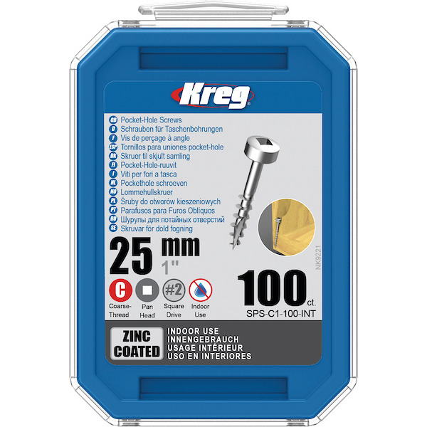 KREG® SPS-C1-100-INT Zinc Pocket-Hole Screws - 25mm/1.00", #7 Coarse-Thread, Pan Head, 100-count