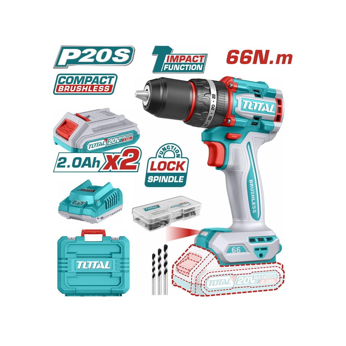 TOTAL Compact Brushless Cordless Impact Drill Li-ion 20V / 2Ah / 66Nm BL Motor