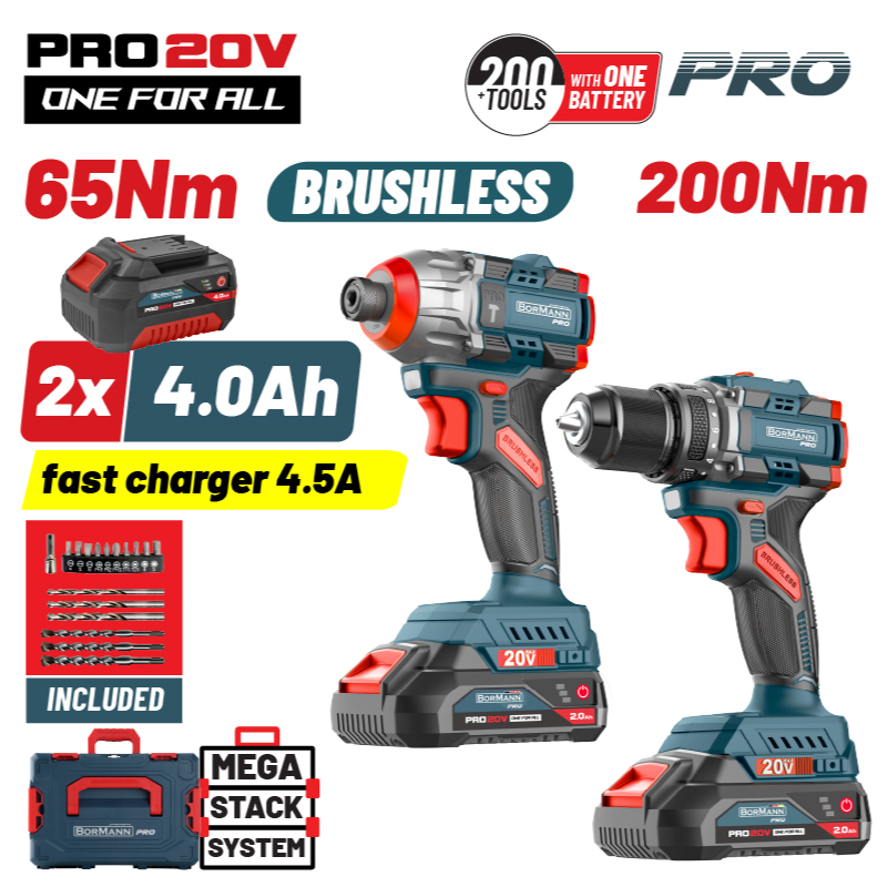 BORMANN BBP5431X44T2CA Set Impact Drill Driver & Impact Screwdriver Brushless with 2 Batteries 4Ah and Case